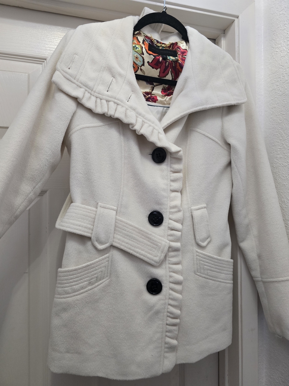 Steve Madden Cream Ruffle-Trim Wool Peacoat with Black Buttons